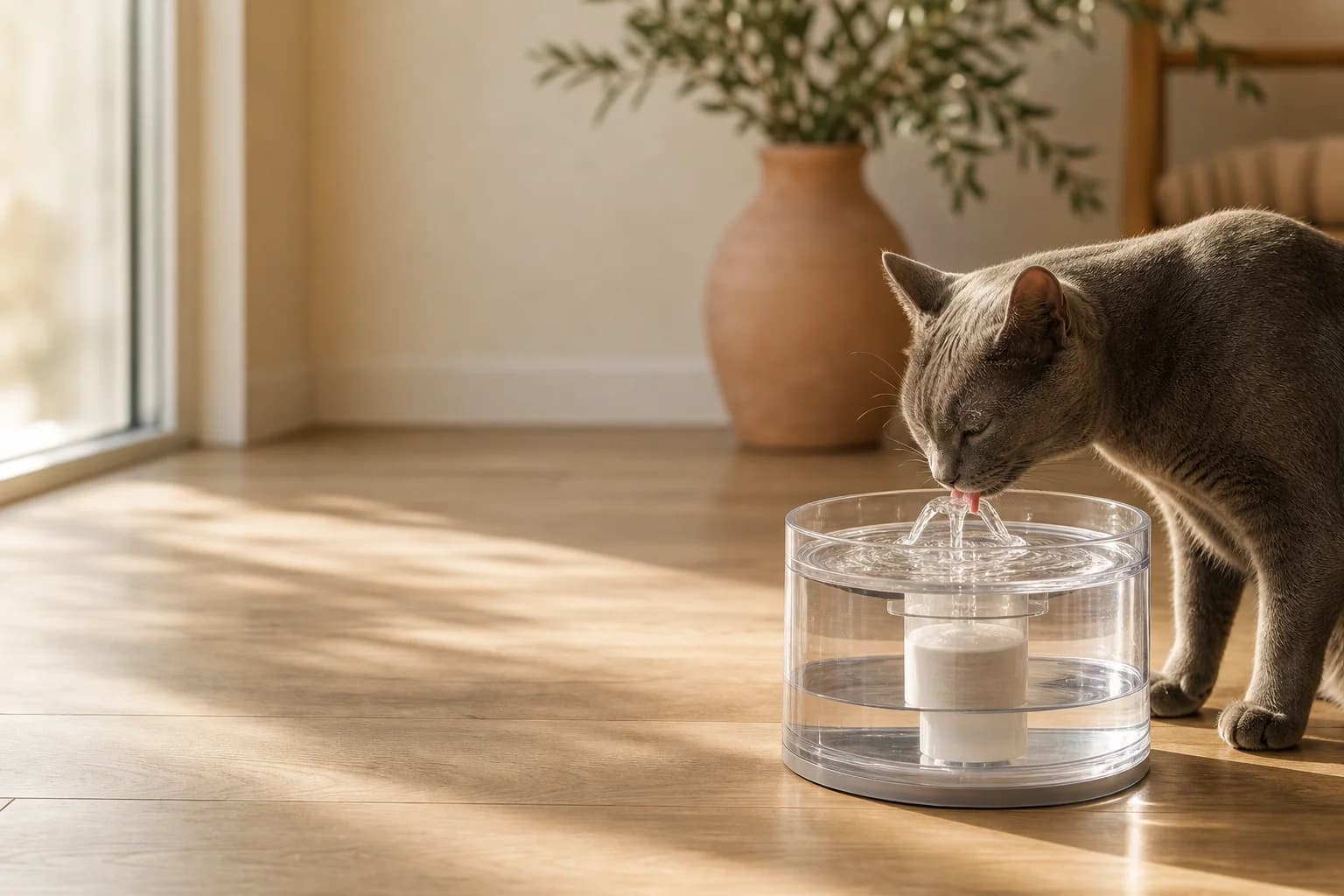 A clear filtered pet water fountain on a wooden floor in a sunlit home